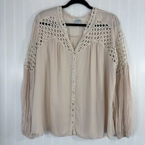 Sundance Womens Cream Blush Crochet Blouse Size L Flowy Boho Beach Peasant Gypsy